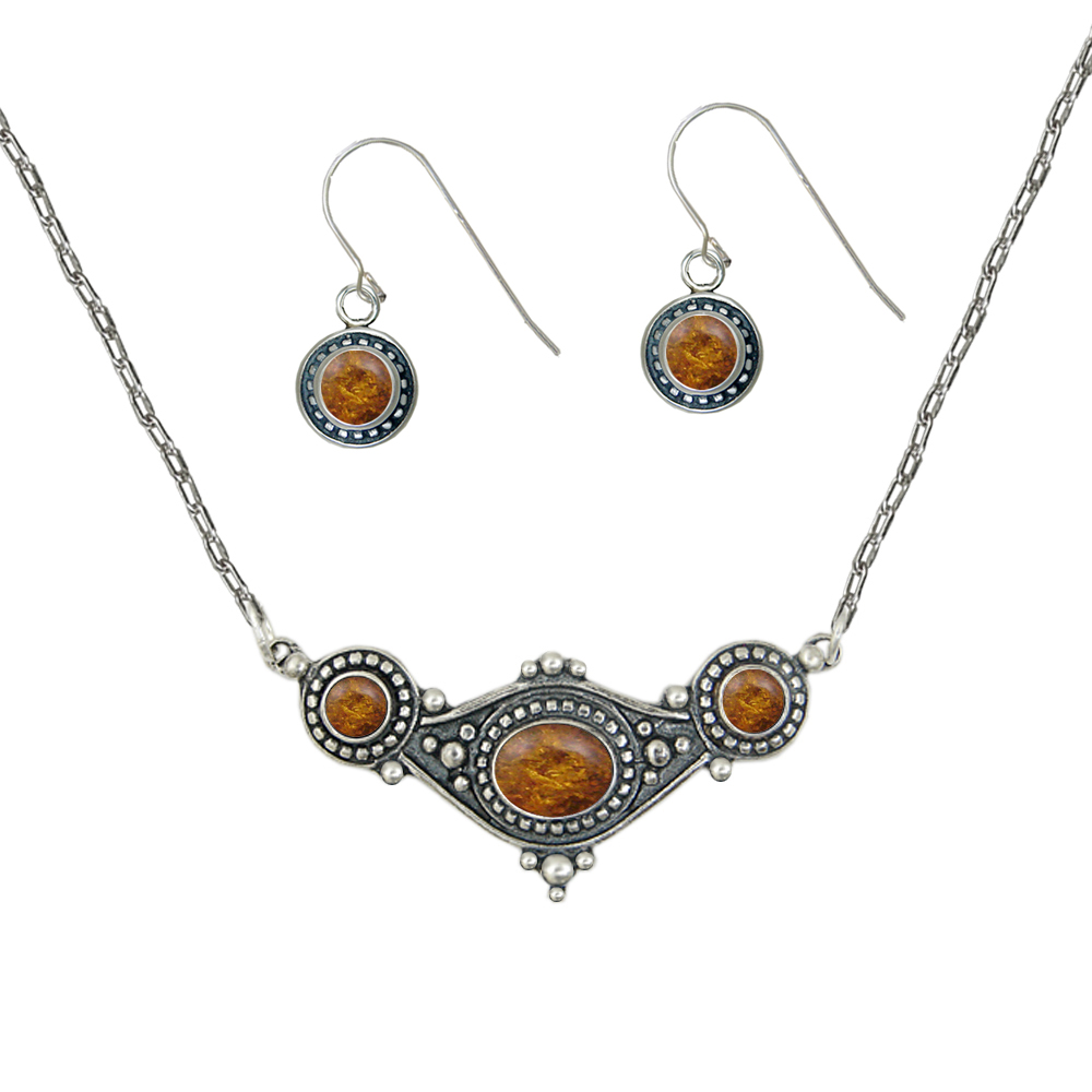 Sterling Silver Designer Necklace Earrings With Amber